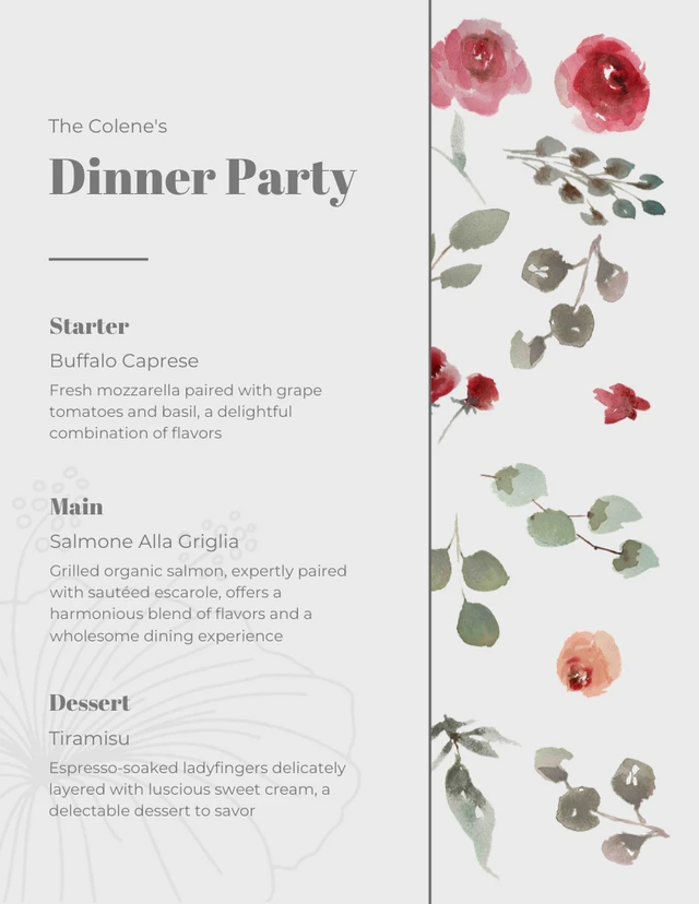 Grey Minimalist Floral Dinner Party Menu Template