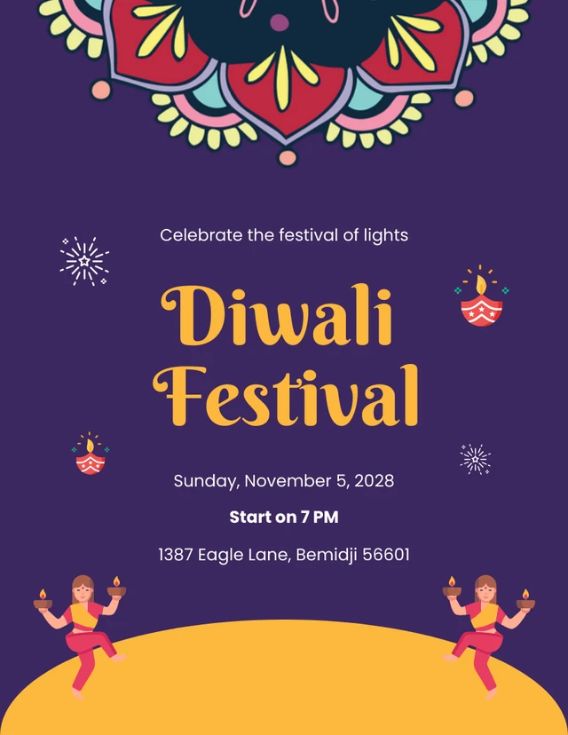 Modèle d'invitations Diwali violet et jaune