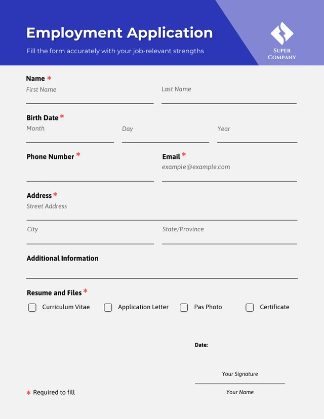 Professional Blue and Grey Application Forms Template
