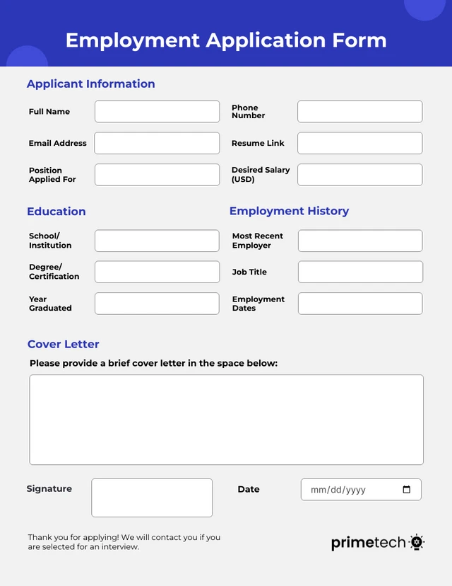 Candidate Application Form Template