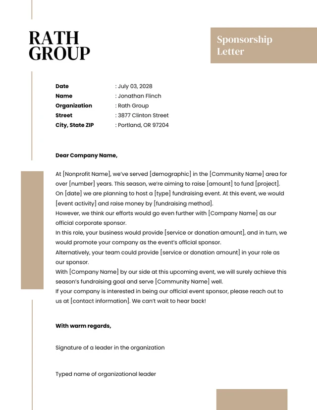 Professional White and Brown Sponsorship Letter Template