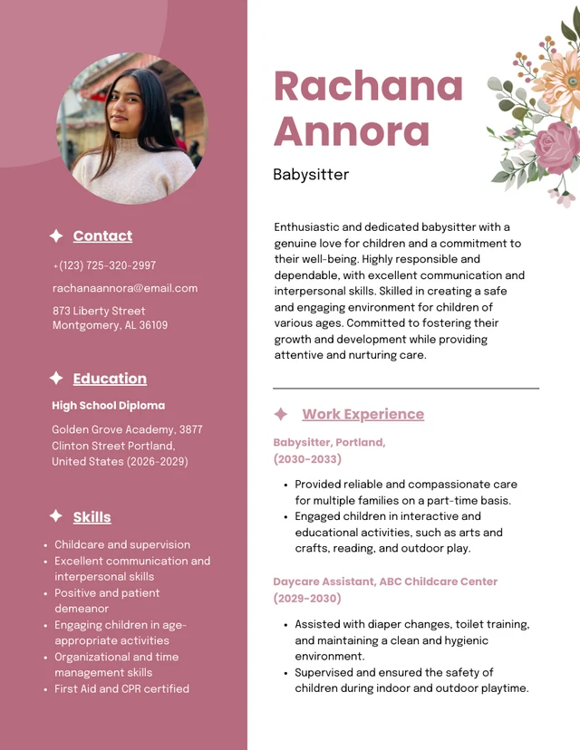 Pink and White Floral Babysitter Resume Template