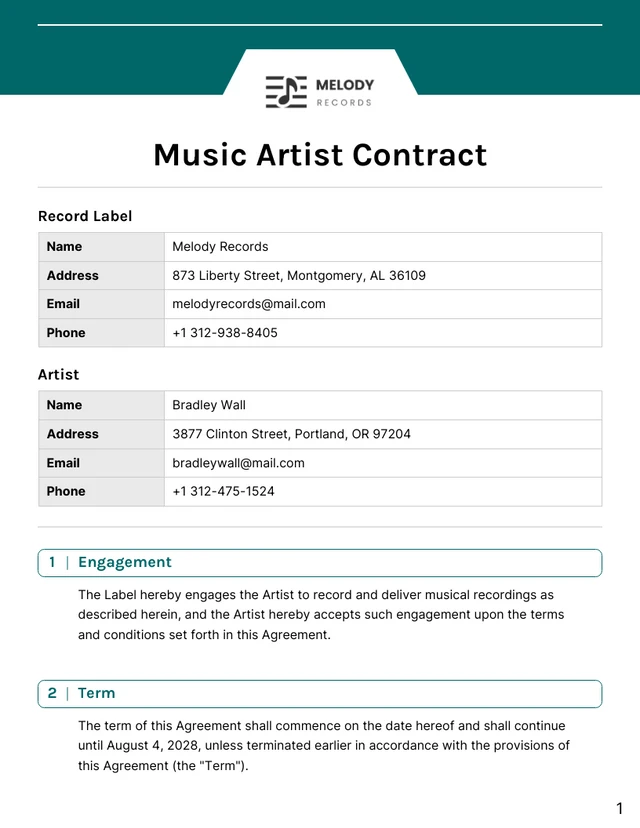 Music Artist Contract Template - Seite 1