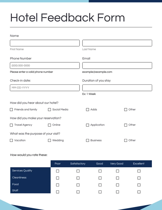 Blue and White Clean Minimalist Hotel Feedback Forms Template