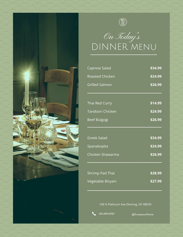 Modèle de menu de dîner simple de minuit vert foncé