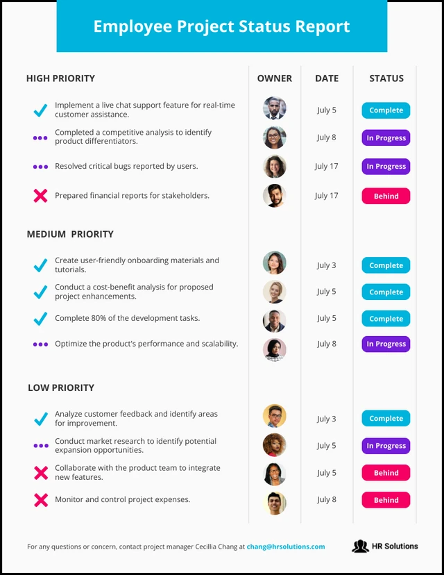 Plantilla de informe de estado de proyecto de empleado simple