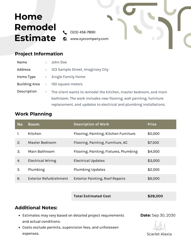 Green and White Simple Remodel Estimate Template