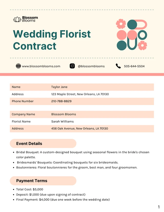 Wedding Florist Contract Template - Seite 1