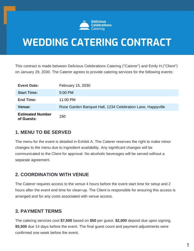 Wedding Catering Contract Template - page 1