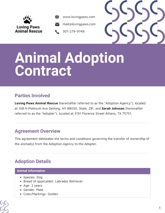 Animal Adoption Contract Template - page 1