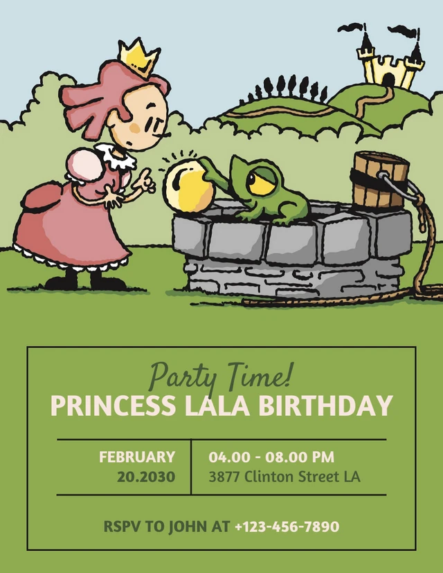 Green Playful Illustration Princess Birthday Invitation Template