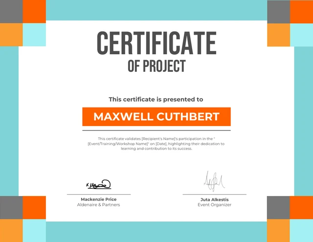 Modèle de certificat de projet de grille turquoise