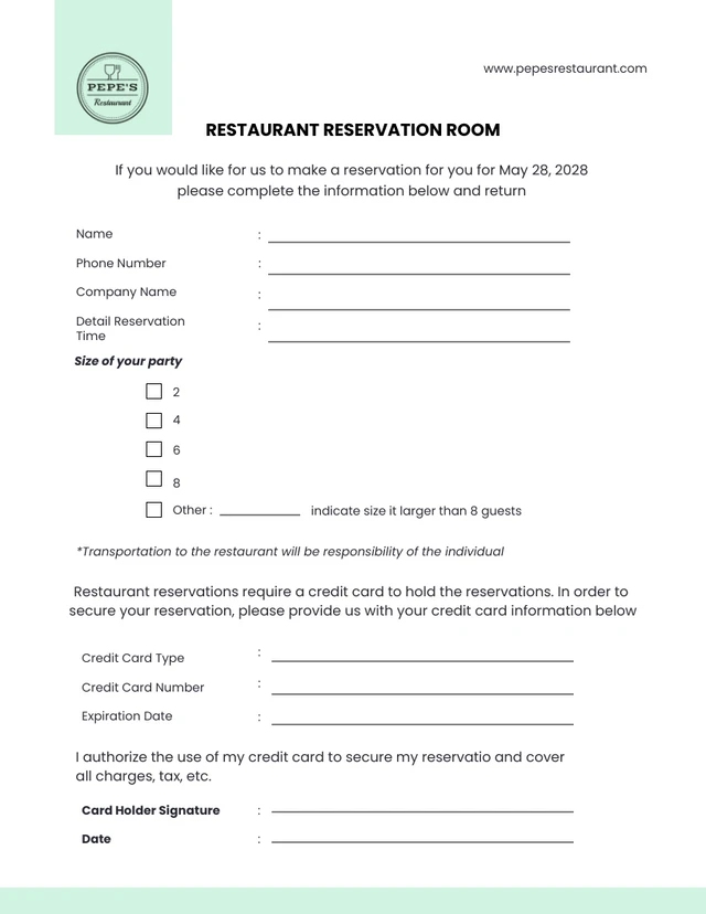 Plantilla de formulario de reserva de restaurante minimalista verde menta