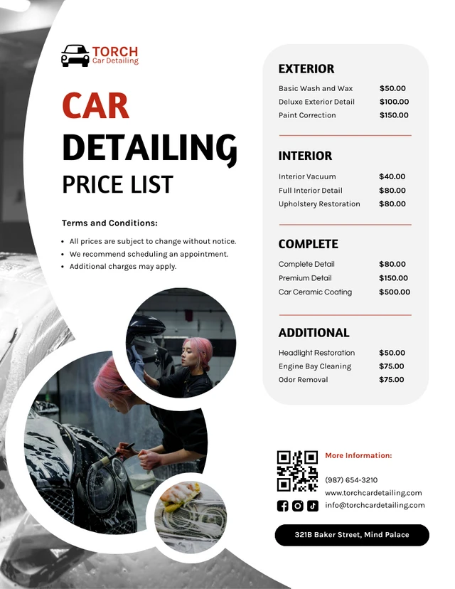 Black and White Elegant Car Detailing Price Lists Template