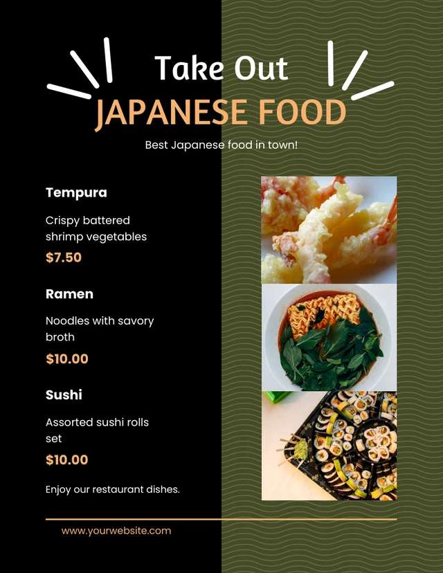 Modèle de menus à emporter de cuisine japonaise minimaliste noir et vert