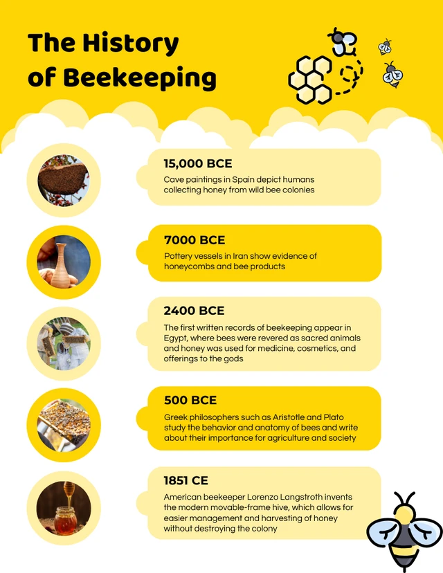 Gelbe minimalistische Infografik-Vorlage zur Geschichte der Bienenzucht