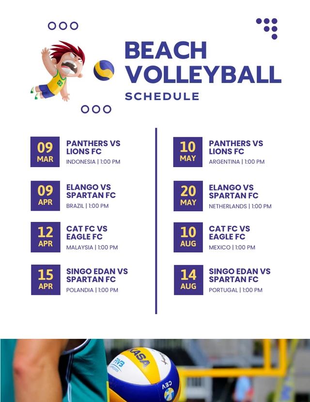 White And Blue Minimalist Illustration Beach Volleyball Schedule Template