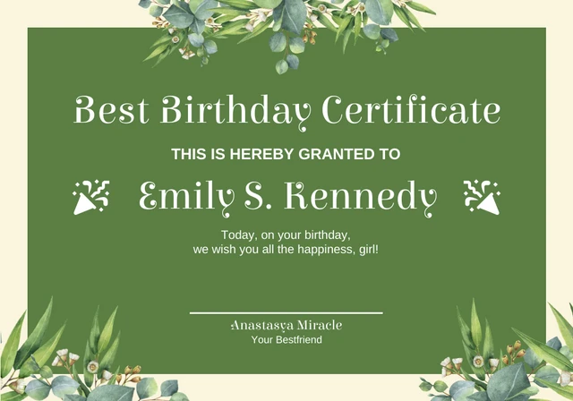 Light Yellow And Green Aesthetic Floral Birthday Certificate Template