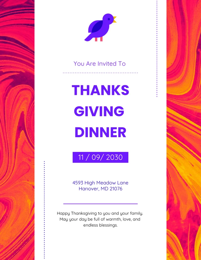 Modèle d'invitation à la fête de Thanksgiving en violet