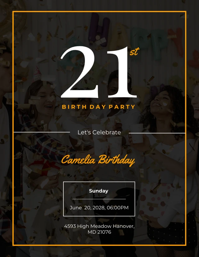 Schwarze und gelbe einfache Einladungsvorlage zum 21. Geburtstag