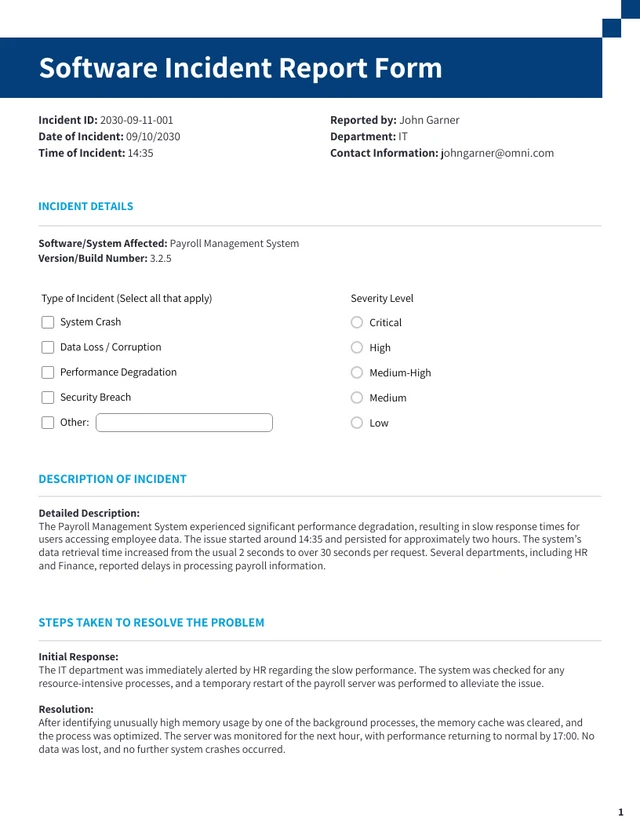 Software Incident Report Form Template - Página 1