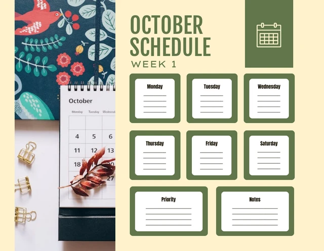 Light Yellow And Green Simple October Schedule Template
