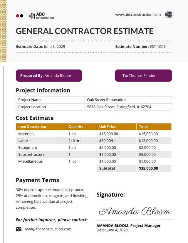 General Contractor Estimate Template