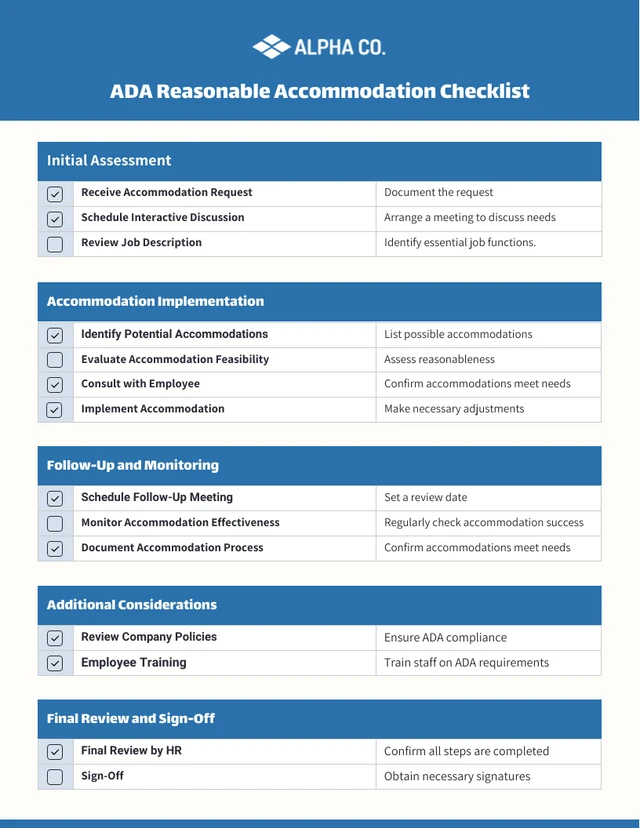 Modello di checklist per sistemazioni ragionevoli ADA