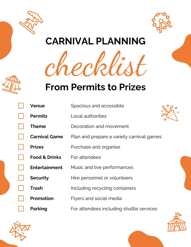 Liste de contrôle minimaliste pour l'organisation du carnaval orange et blanc