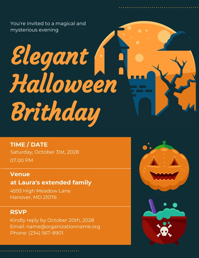 Blue Dark Illustrated Minimalist Elegant Halloween Birthday Invitation Template