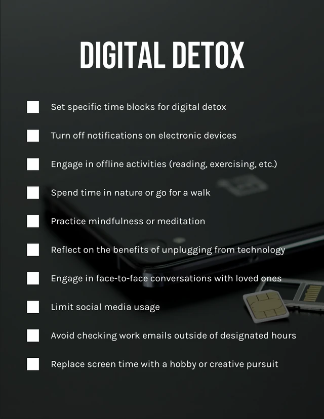 Black And White Simple Digital Detox Daily Checklist Template