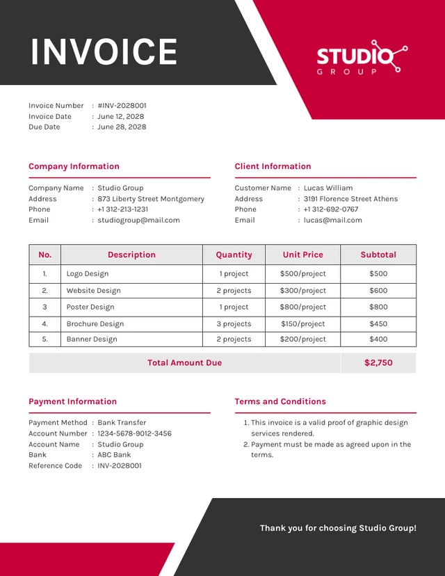 Red and Black Trapezoid Graphic Design Invoice Template