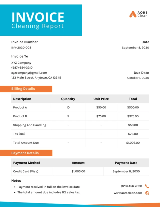 Blue and Orange Simple Cleaning Invoice Template