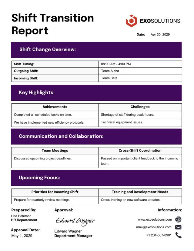 Shift Transition Report Template