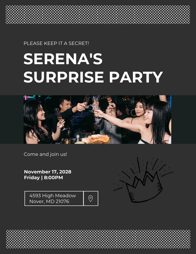 Dark Grey Modern Fun Surprise Party Invitation Template