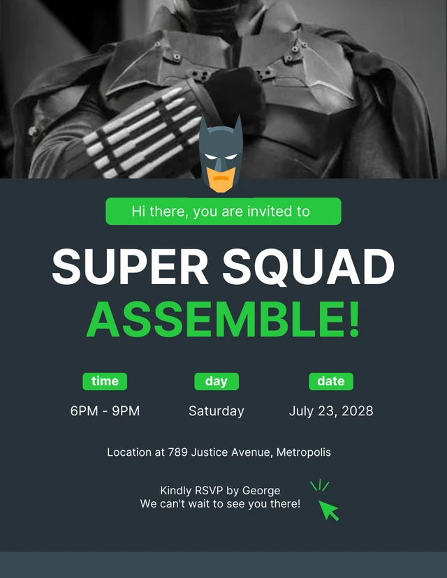 Dark Grey And Green Superhero Invitation Template