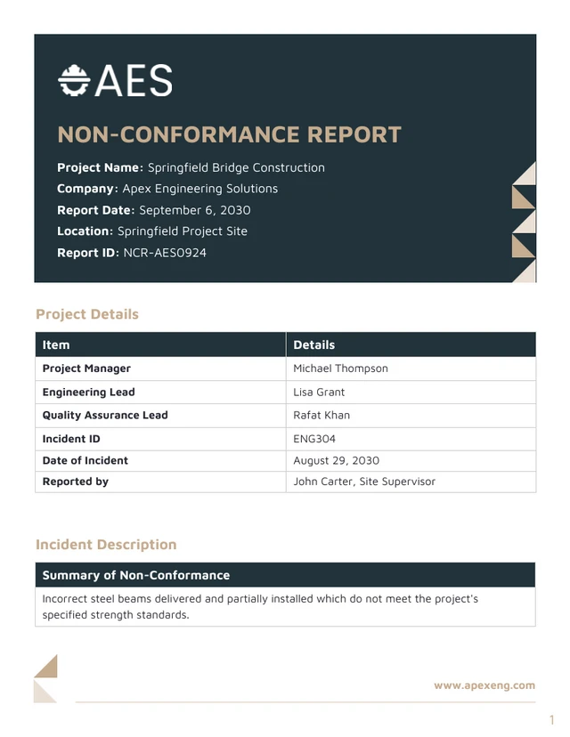 Engineering Non Conformance Report Template - Page 1