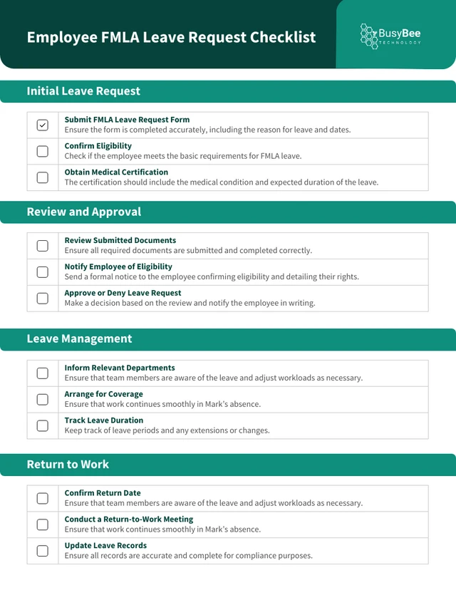 Modello di checklist per la richiesta di congedo FMLA per i dipendenti