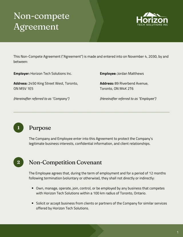 Non Compete Contract Template - Página 1