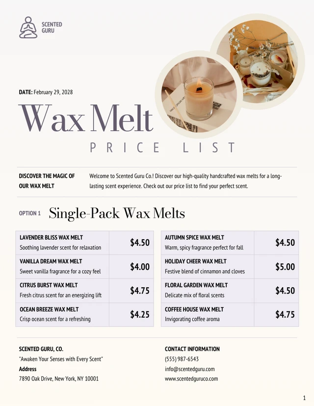 Wax Melt Price List Template - Página 1