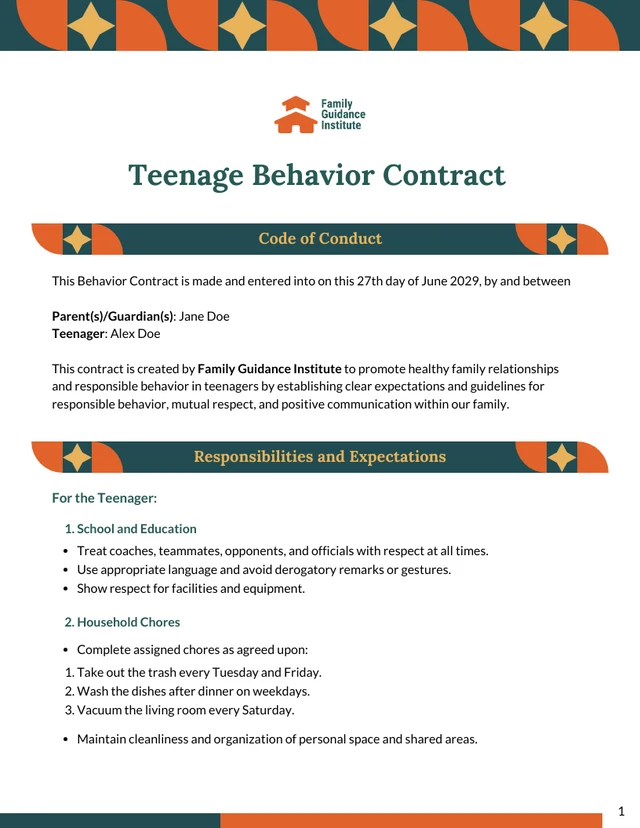 Teenage Behavior Contract Template - Page 1