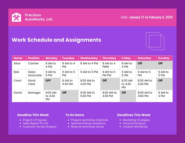Pink and Purple Employe Workshop Schedule Form Template