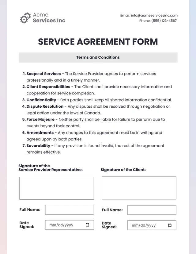 Service Agreement Form - Page 2