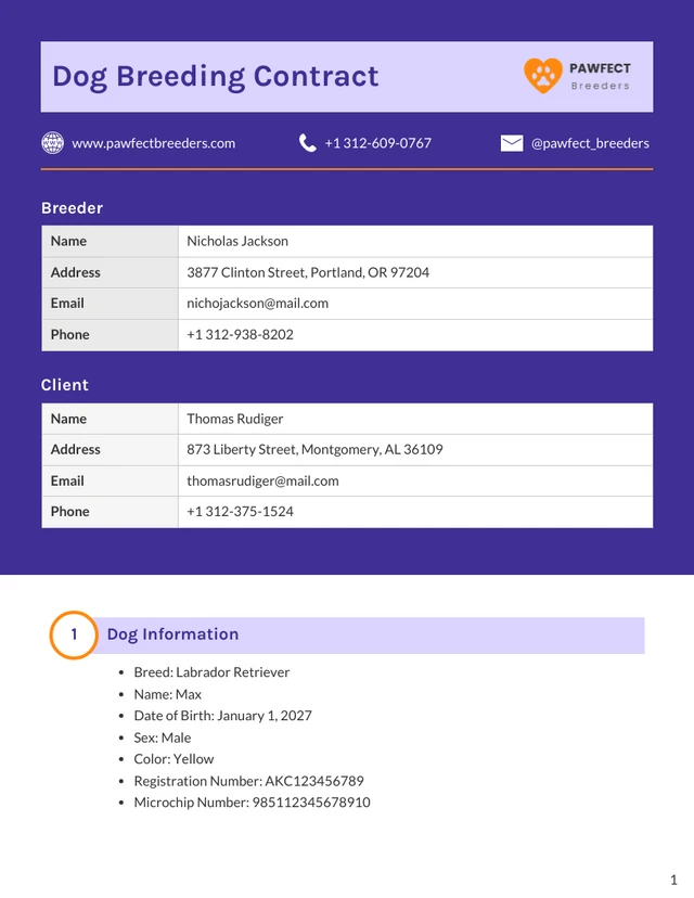 Dog Breeding Contract Template - صفحة 1