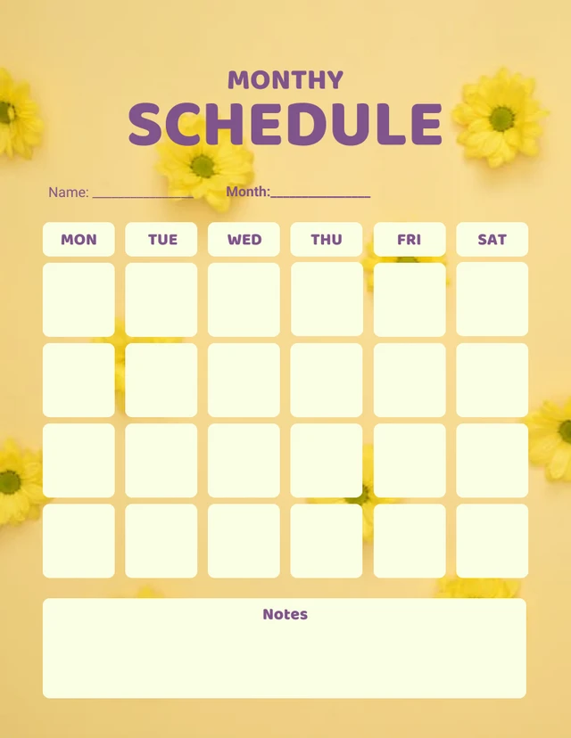 Light Yellow And Purple Modern Floral Monthly Schedule Template