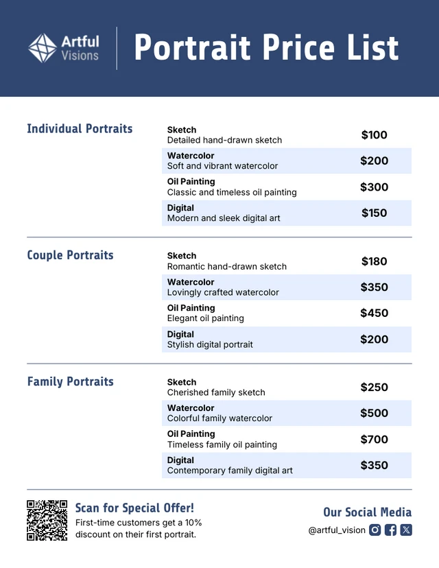 Plantilla de lista de precios de retratos