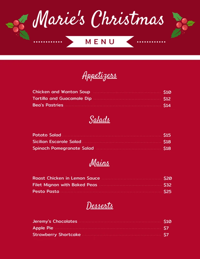 Red Christmas Menu