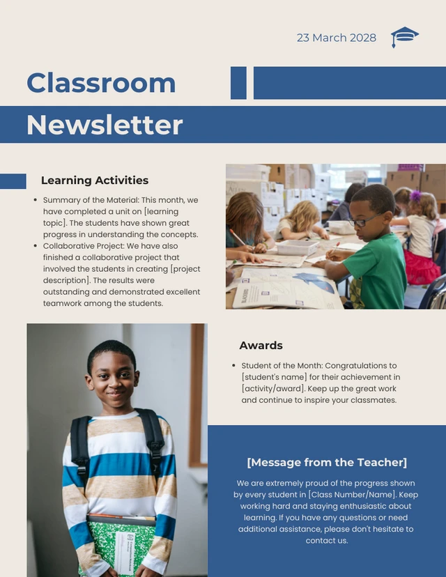 Cream & Blue Modern Design Classroom Newsletter Template