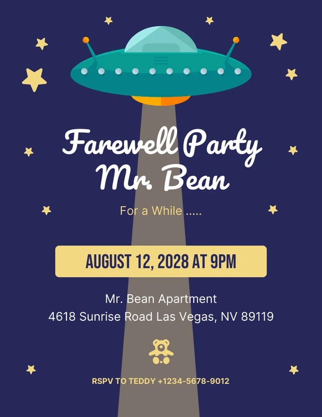 Blaue verspielte fröhliche Illustration Ufo Mr Bean Abschiedsfeier Einladungsvorlage