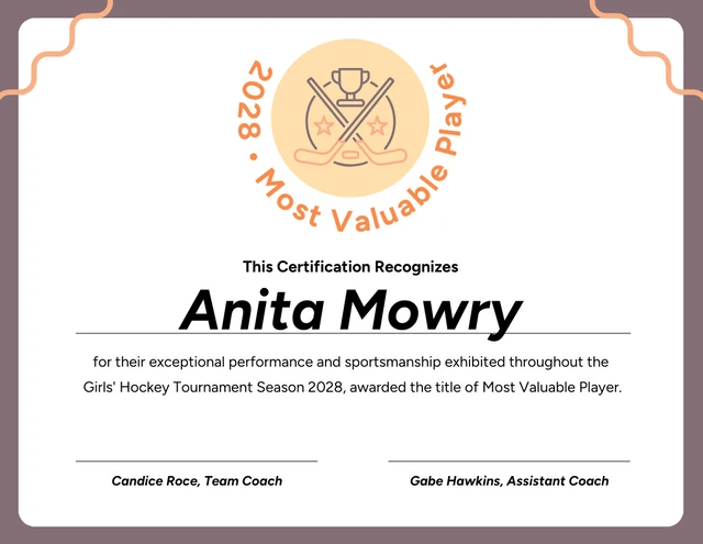 Modèle de certificat sportif du joueur le plus précieux